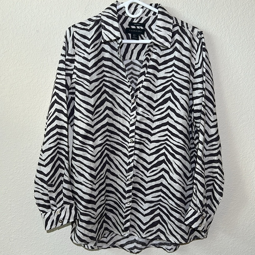 Tahari 100% Linen Zebra Shirt - Picture 2 of 5